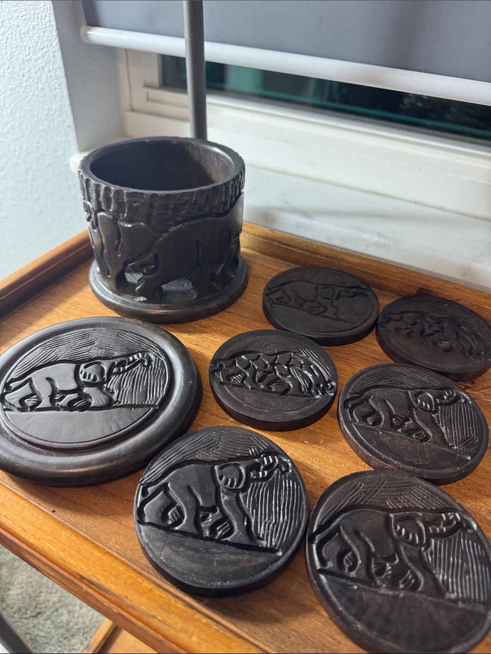 Carved African Ebony Wooden Coasters with Intricate Safari Motifs